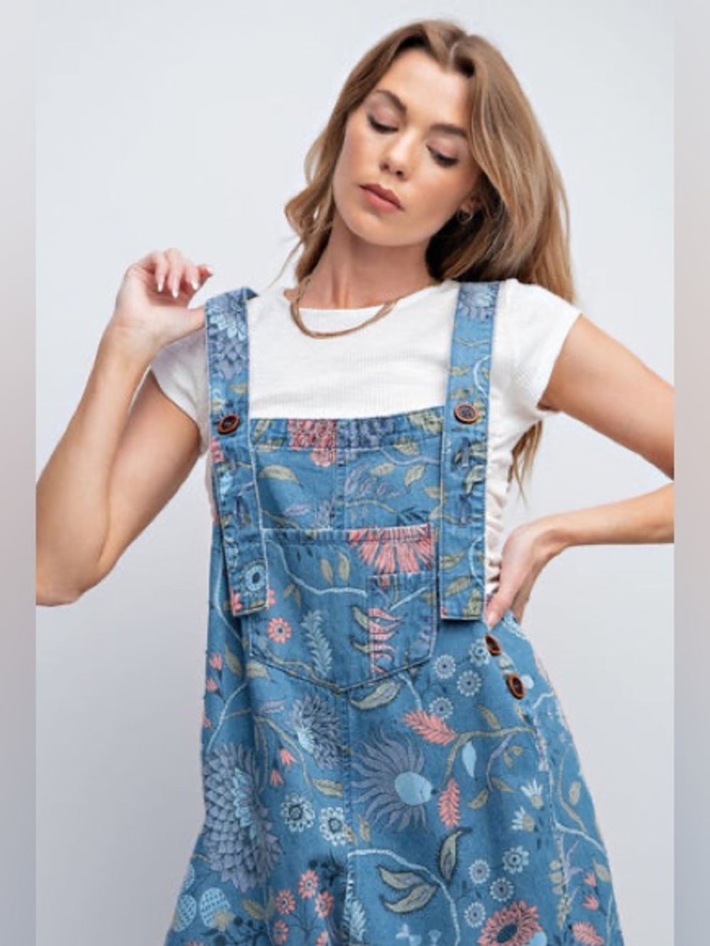 NEW Easel Oversized Floral Print Denim Overall Jumpsuit Washed Denim Size Large - Picture 2 of 11